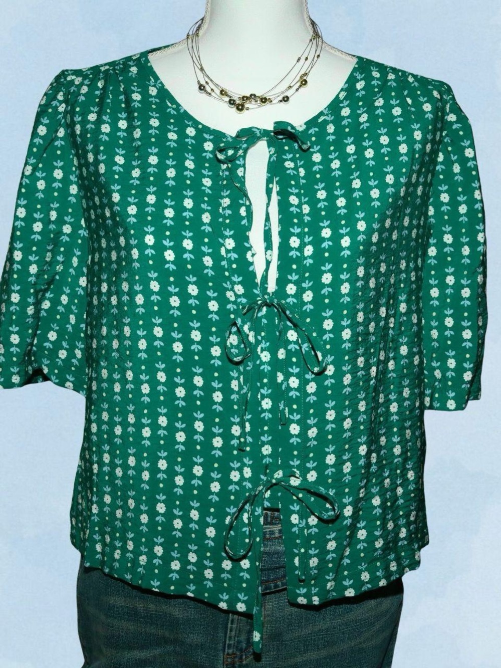 Green Floral Tie-Front Women's Top